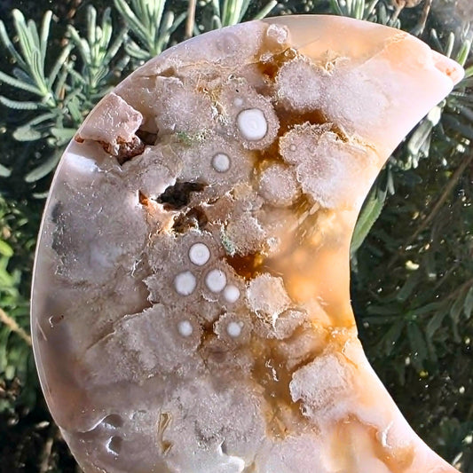 Flower Agate Moon Carving on Metal Stand - 20cm tall