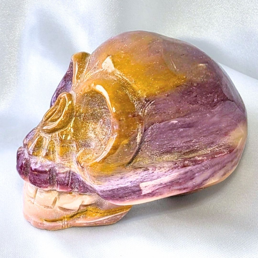 Pink, Purple & Yellow Mookaite Skull Carving - 210g
