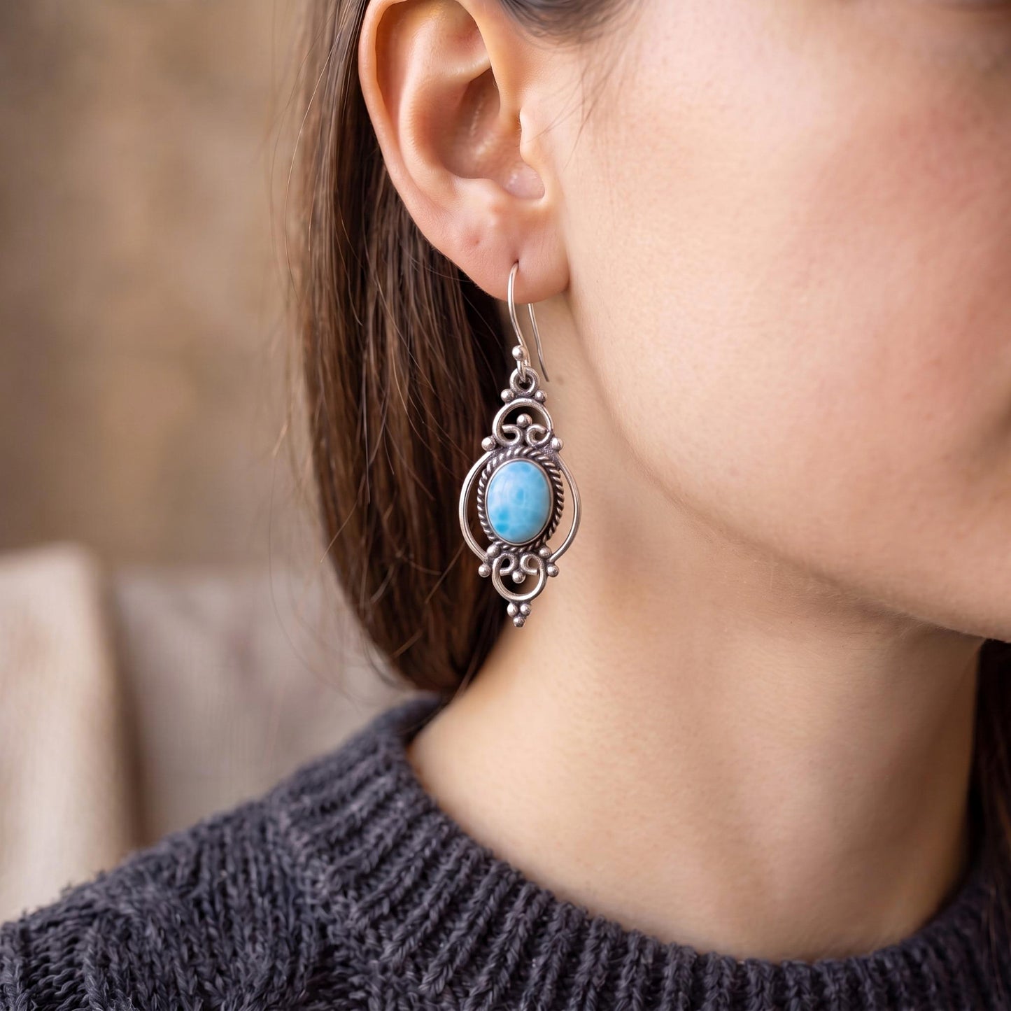 Larimar Sterling Silver Drop Crystal Earrings
