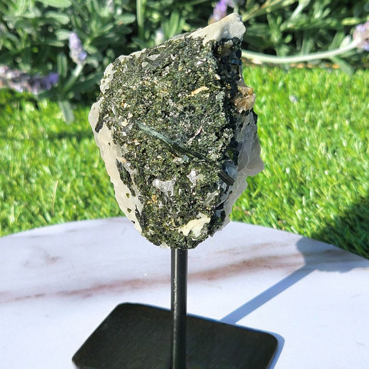 Green Tourmaline in Quartz on Metal Stand