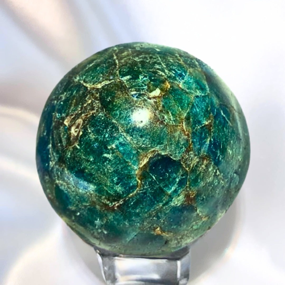 Green Apatite Sphere with Silver Sheen - stand included - 212g