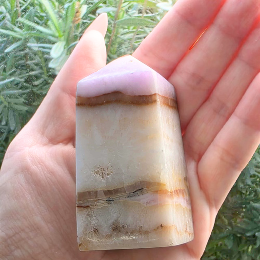 Natural Pink Aragonite with Banded Calcite Tower