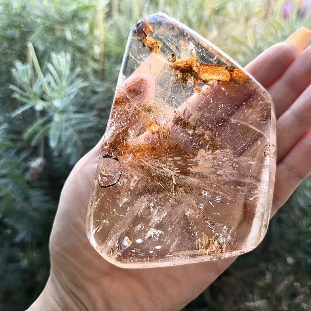 A Grade Garden Quartz, Golden Healer Enhydro Freeform on Stand - 17.5cm tall