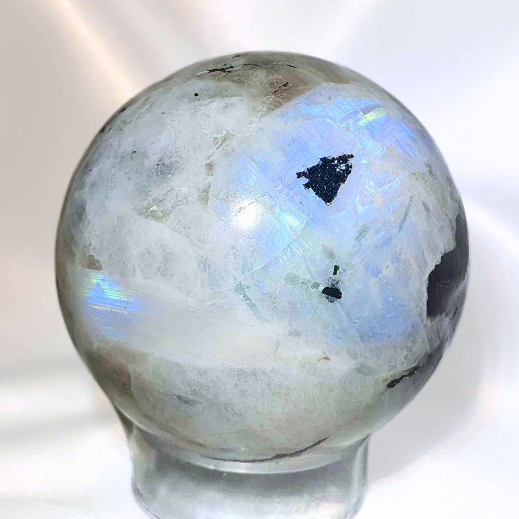 High Grade Rainbow Moonstone, Smoky Quartz & Tourmaline Sphere - holder included