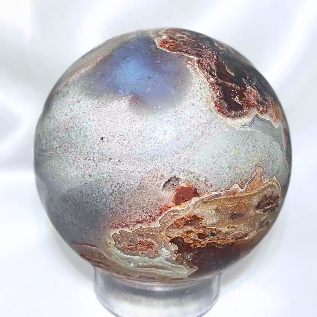 Crazy Lace Agate with Druzy Quartz Sphere - includes holder - 234g