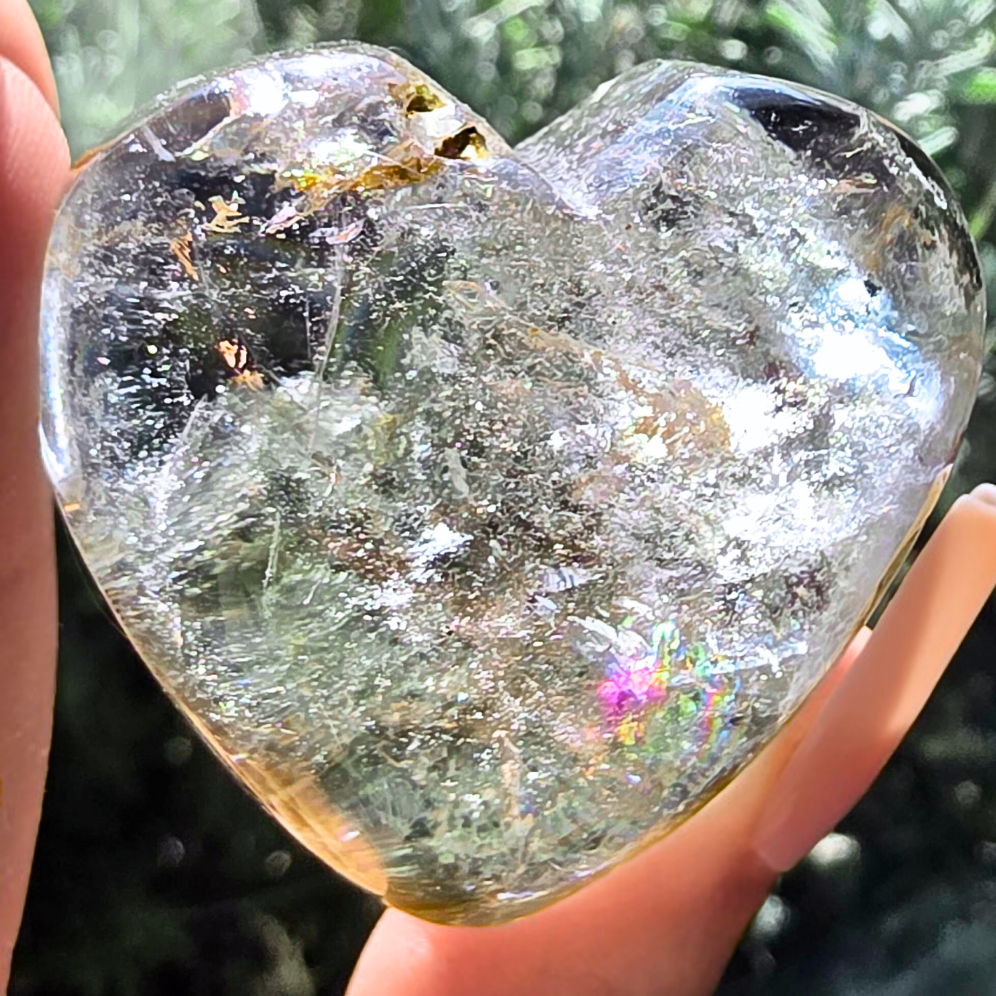 Garden Quartz (Lodolite) Puffy Heart with Rainbows - includes stand