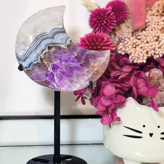 Amethyst x Crazy Lace Agate Moon on Metal Stand - 17cm