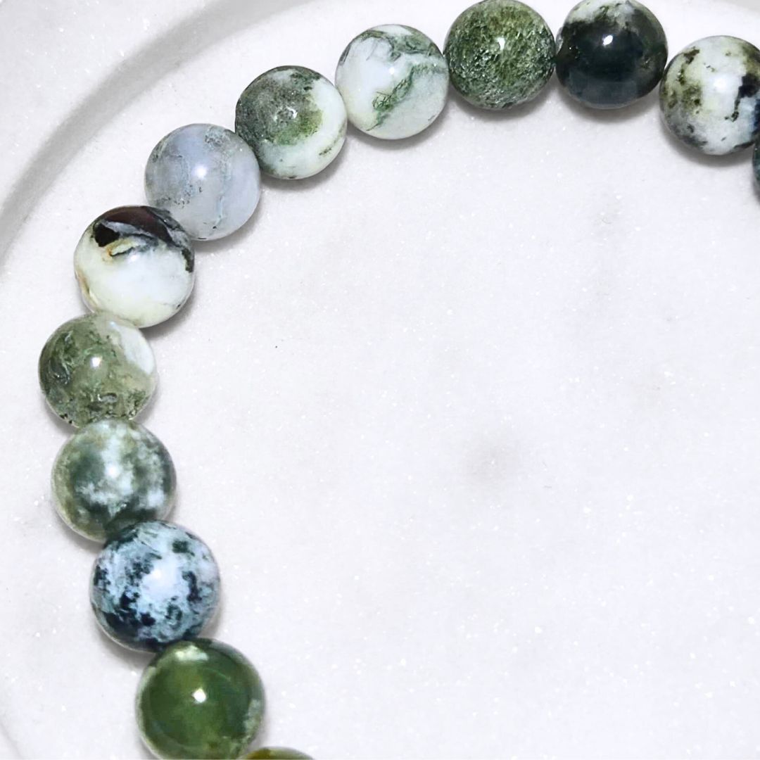 High Grade Moss Agate with Chalcedony 8mm Bead Bracelet