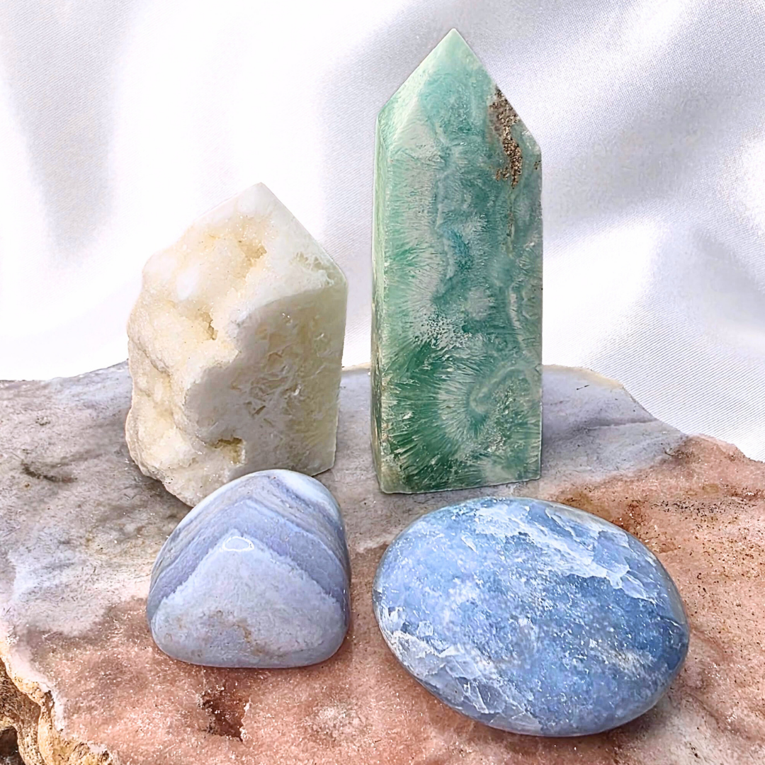 Calming Crystal Set | Blue Aragonite, Quartz, Blue Lace Agate & Blue Calcite