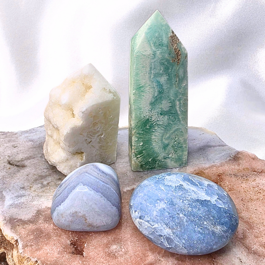 Calming Crystal Set | Blue Aragonite, Quartz, Blue Lace Agate & Blue Calcite