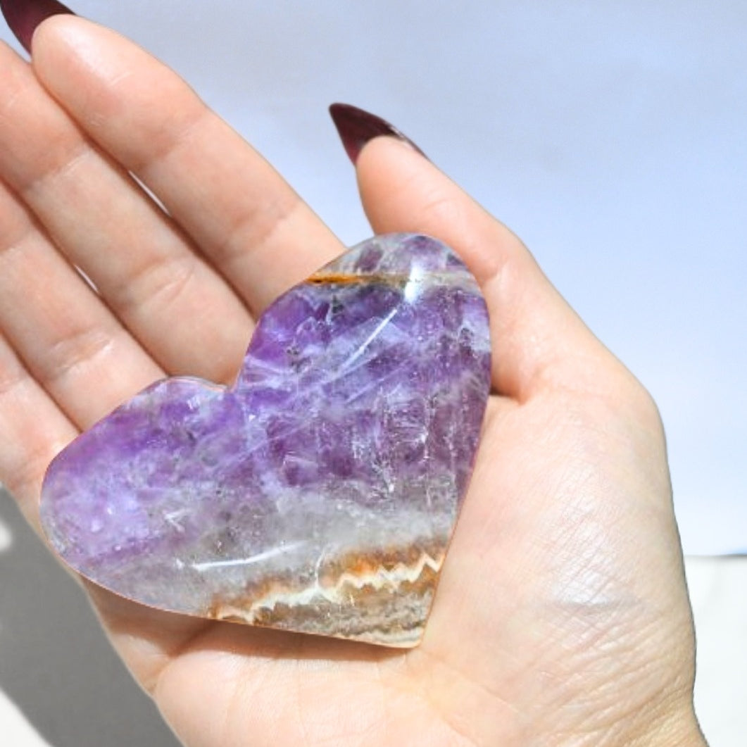 Dream Amethyst X Crazy Lace Agate Faceted Heart Carving - includes stand