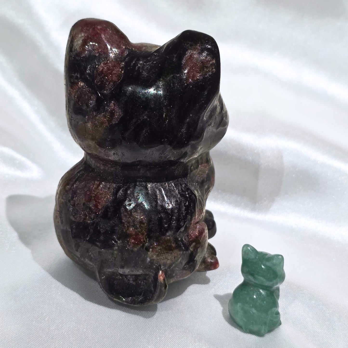 Large Garnet & Blue Arfvedsonite (Fireworks) Crystal Cat - 445g