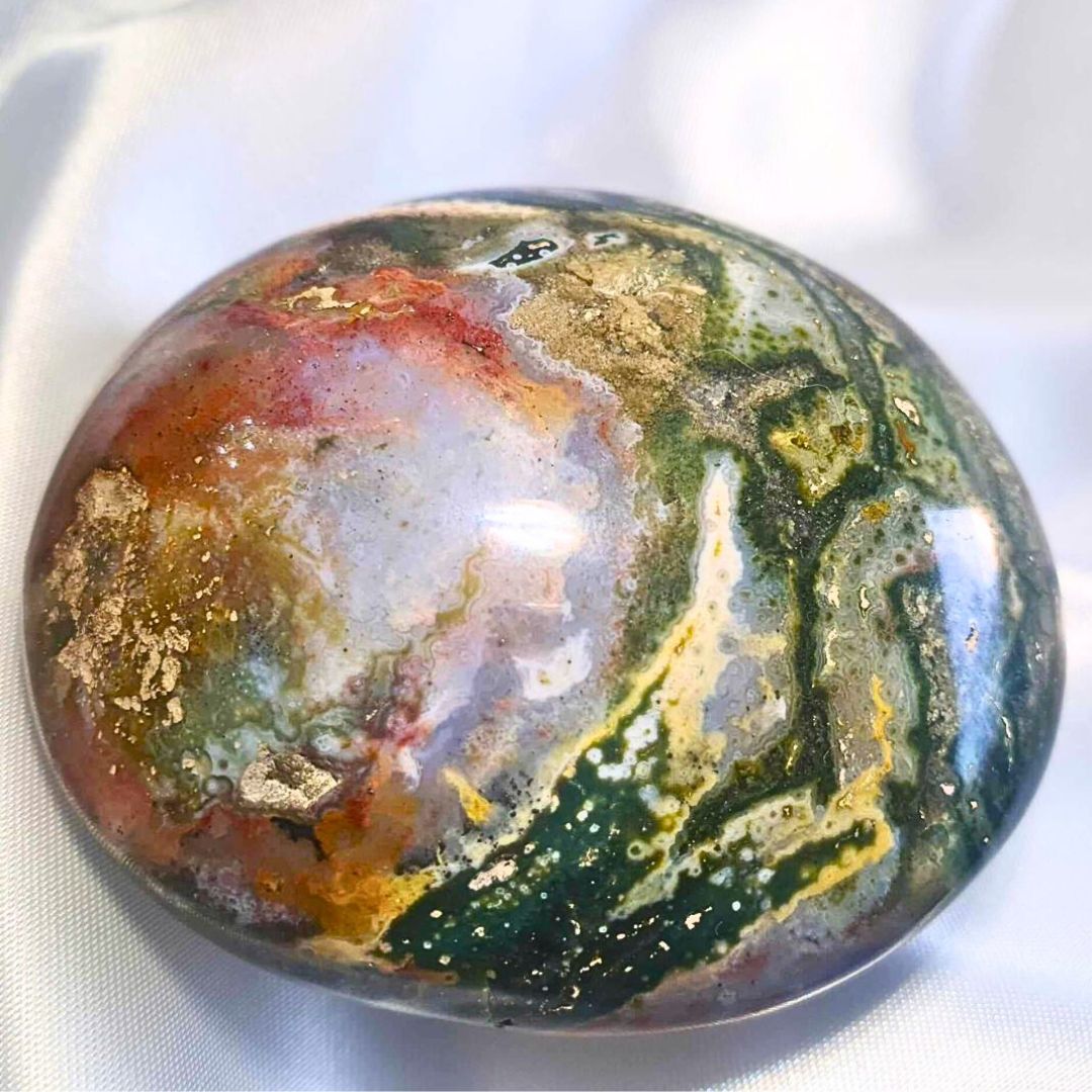 Large Multicolour Orbicular Ocean Jasper Palm Stone