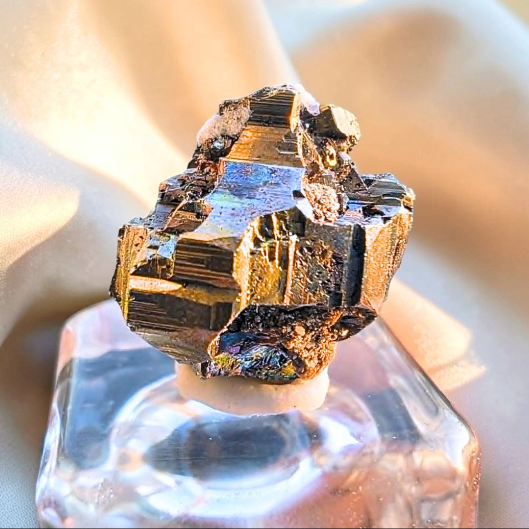 Natural iridescent pyrite cluster from Veracruz, Mexico with sharp cubic crystals and metallic rainbow lustre