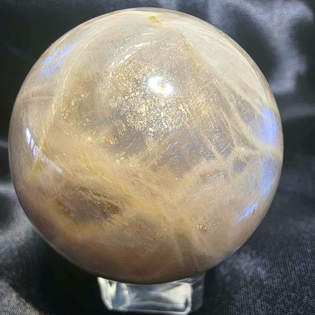 White Moonstone with Rainbow Sunstone Sphere - includes stand