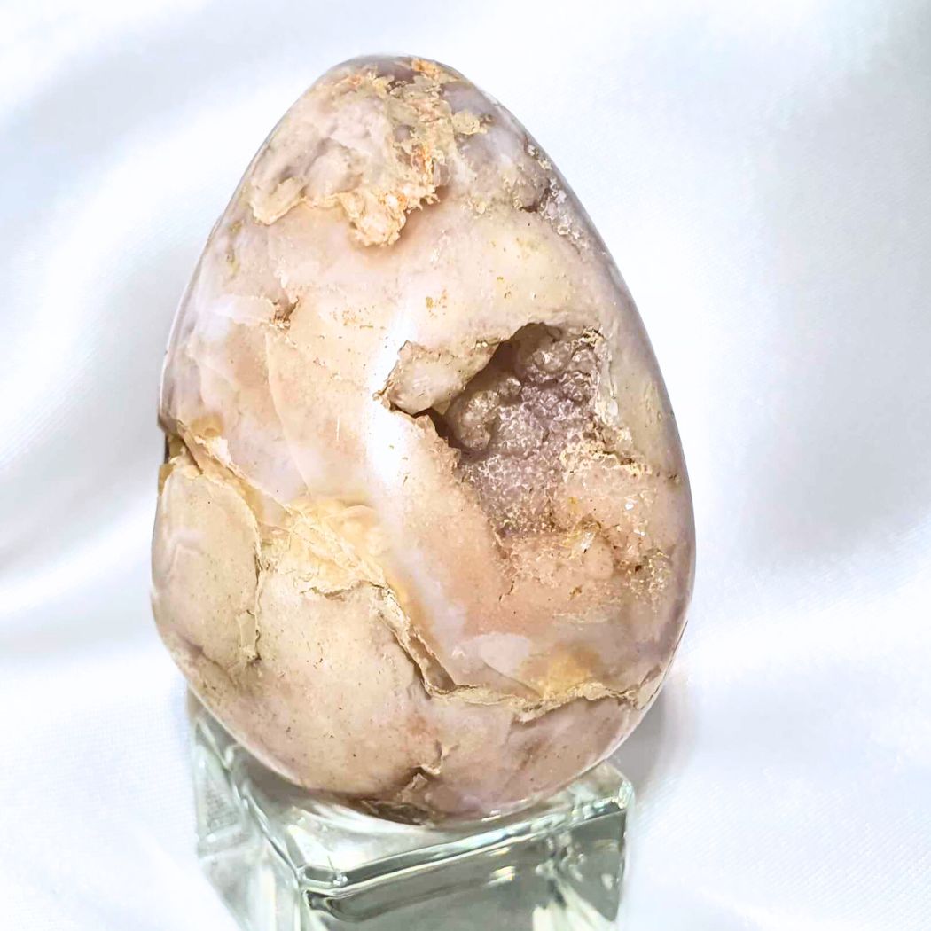 Flower Agate & Pink Amethyst Druzy Egg Carving