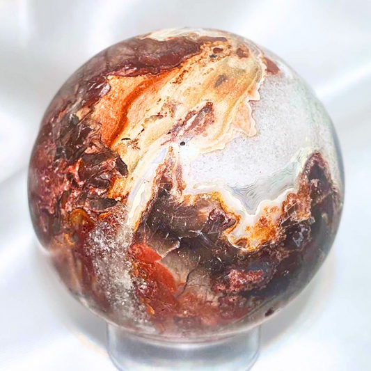 Crazy Lace Agate with Druzy Quartz Sphere - includes holder - 234g