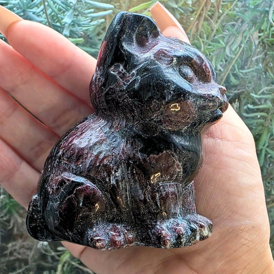 Large Garnet & Blue Arfvedsonite (Fireworks) Crystal Cat - 445g