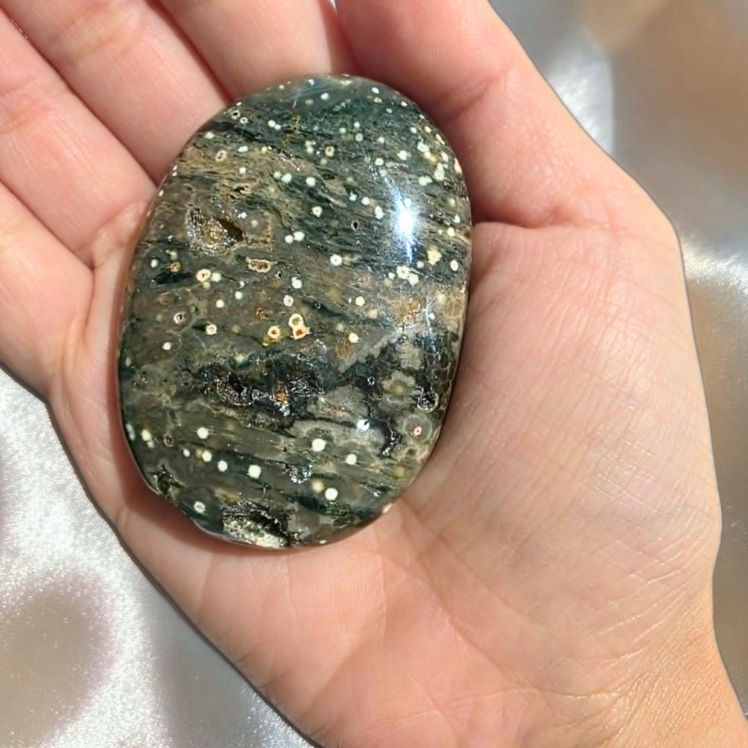 Druzy Orbicular Ocean Jasper Palm Stone - Madagascar Crystal Australia