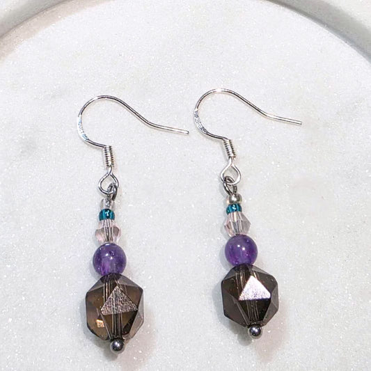 Faceted Smoky Quartz & Amethyst Drop Earrings