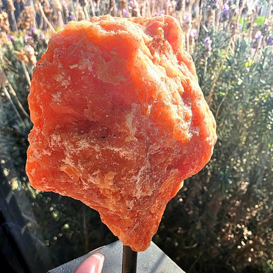 Orchid Calcite & Mica Raw Crystal on Metal Stand - 366g