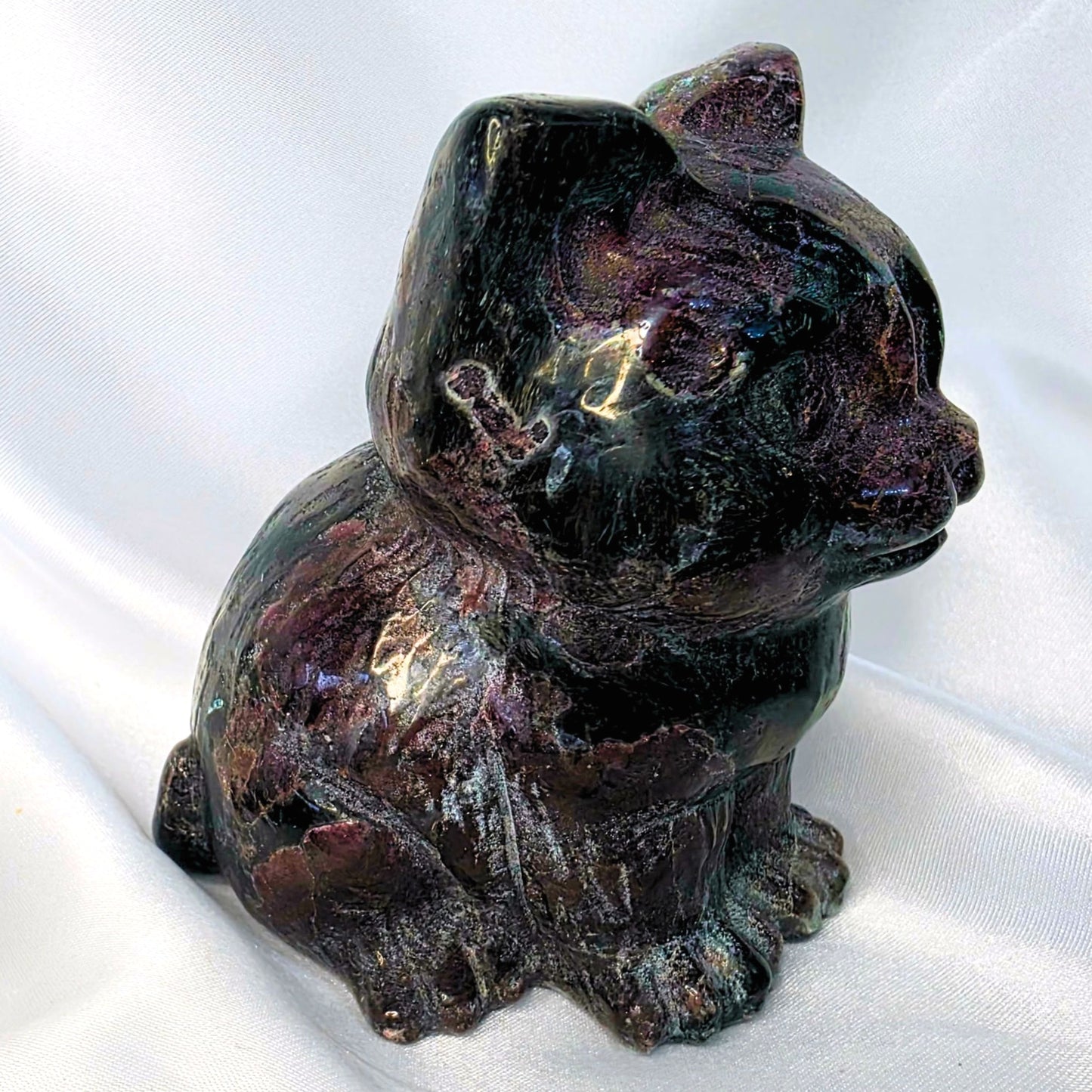 Large Garnet & Blue Arfvedsonite (Fireworks) Crystal Cat - 445g