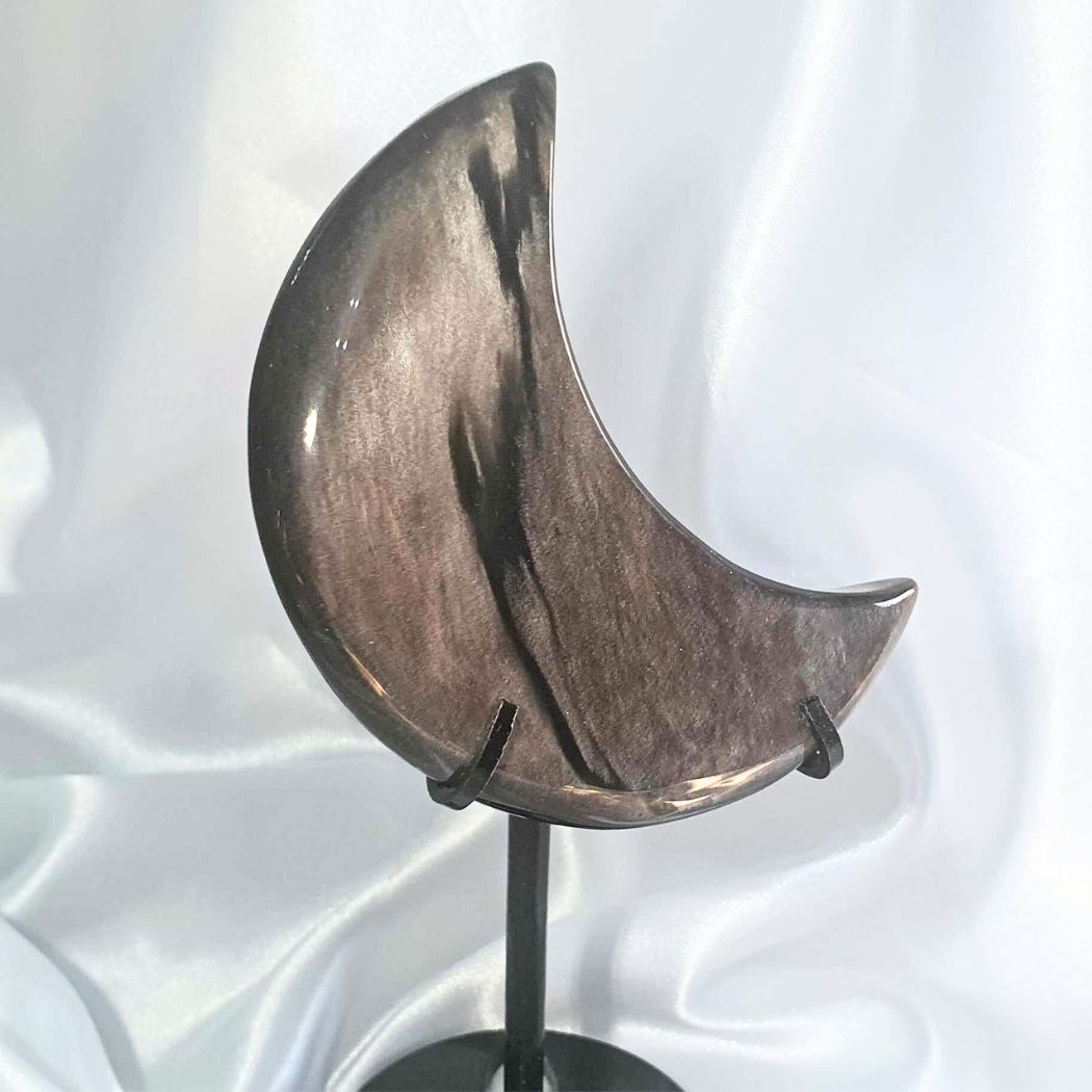 High Grade Silver Obsidian Moon on Metal Stand