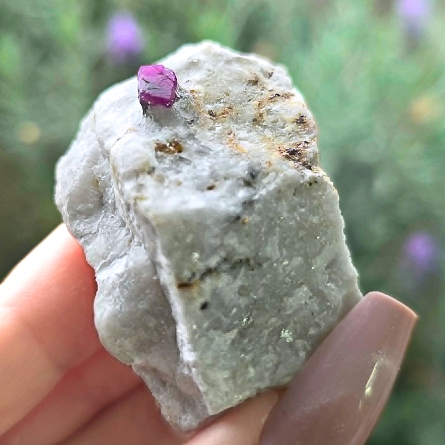 Fluorescent Raw Ruby in White Marble with Pyrite - Hunza Valley, Pakistan