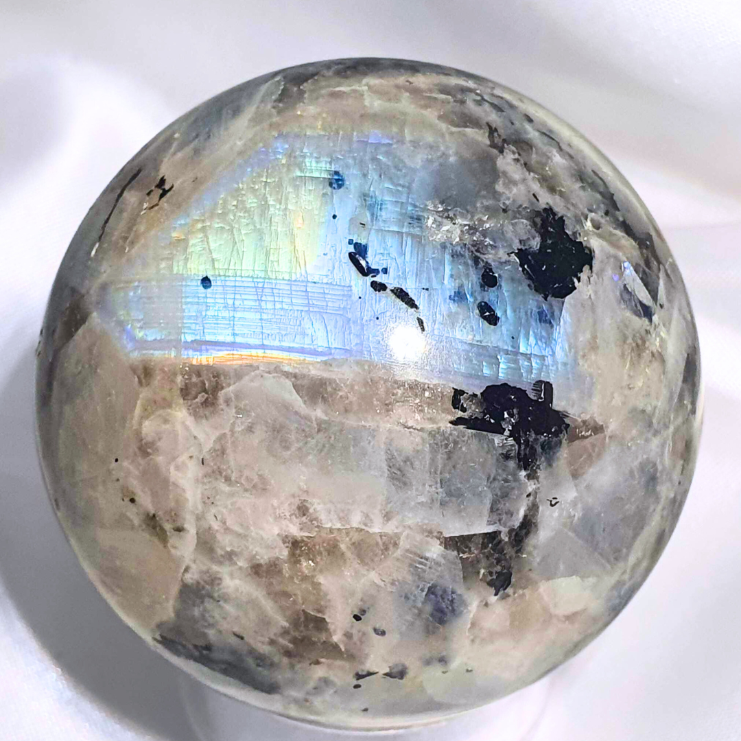 Rainbow Moonstone, Smoky Quartz & Tourmaline Sphere - holder included