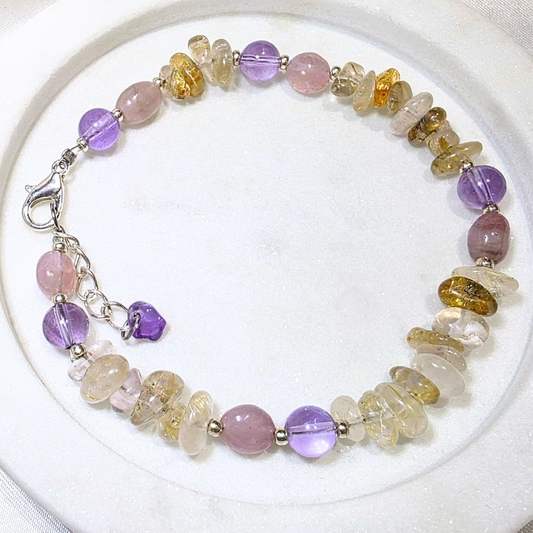 Golden Rutile Quartz, Amethyst & Rose Quartz Crystal Bracelet