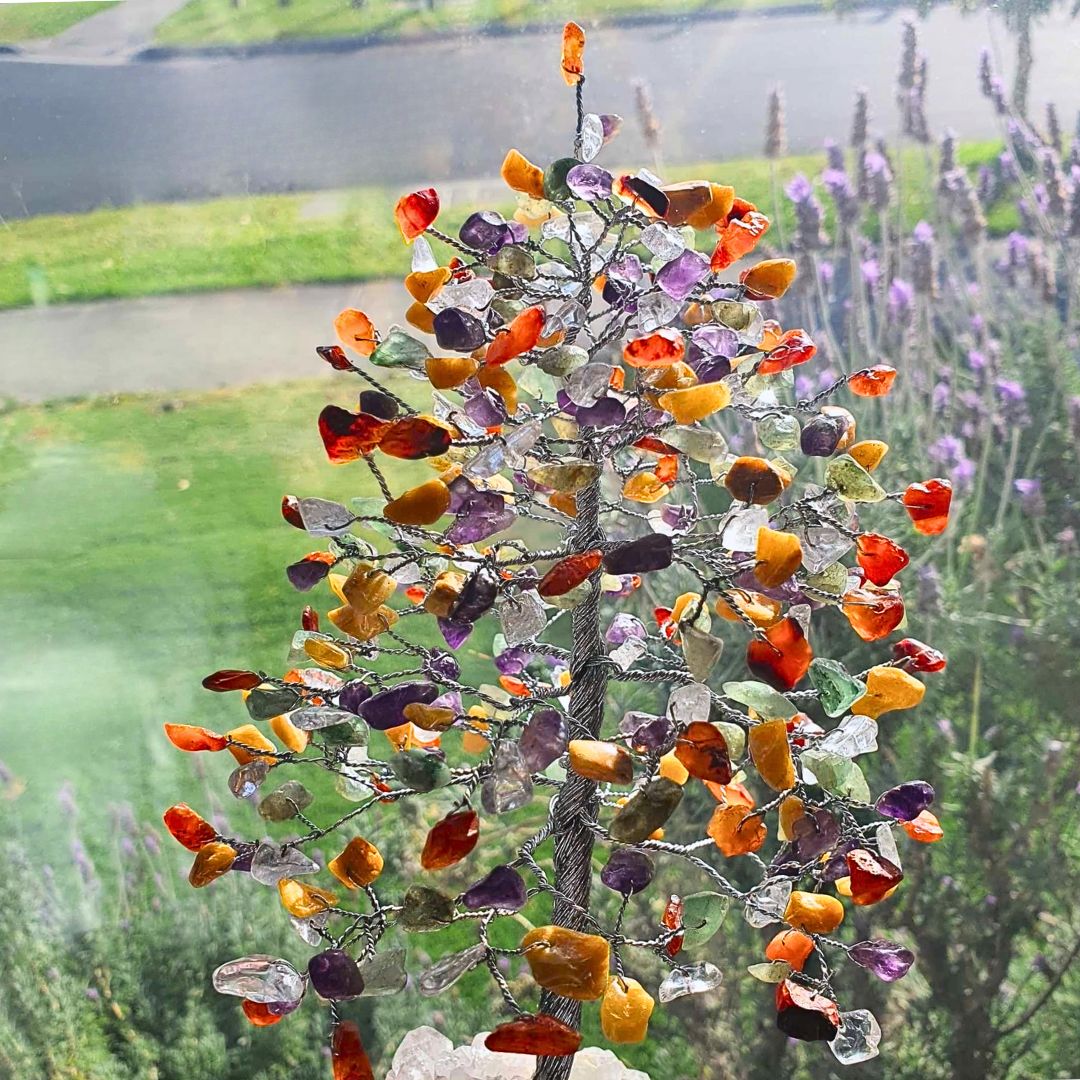 Large Chakra Crystal Wire Wrapped Tree on a Quartz Base - 28cm