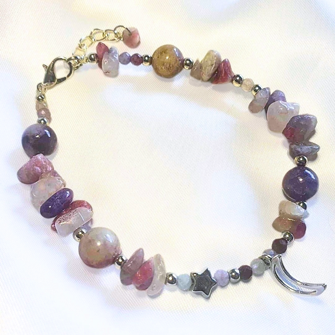 Pegmatite (Unicorn Stone), Pink Tourmaline & Amethyst Crystal Bracelet