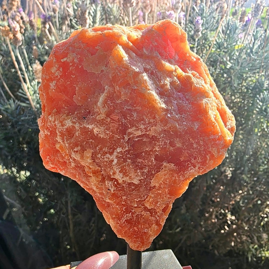 Orchid Calcite & Mica Raw Crystal on Metal Stand - 366g