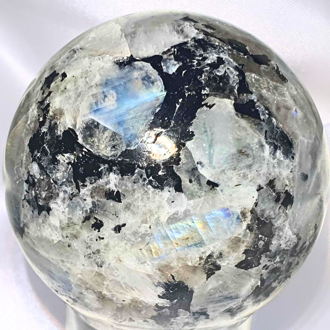 Rainbow Moonstone, Smoky Quartz & Tourmaline Sphere - holder included