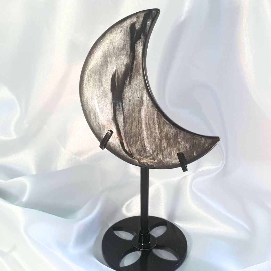 High Grade Silver Obsidian Moon on Metal Stand