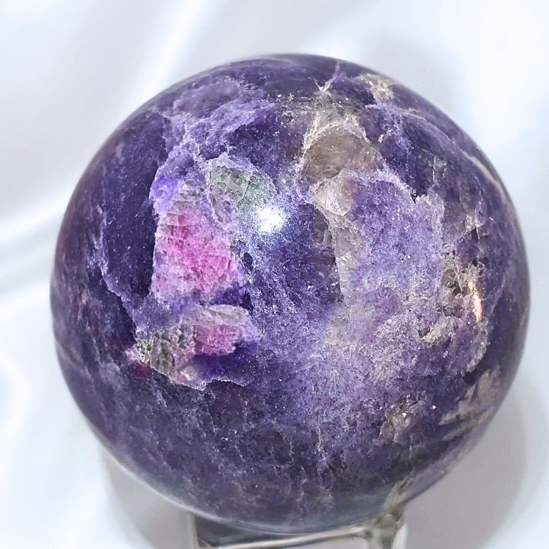 Unicorn Stone (Pegmatite) with Pink Tourm, Smoky, Clevelandite & Lepidolite Sphere - includes stand