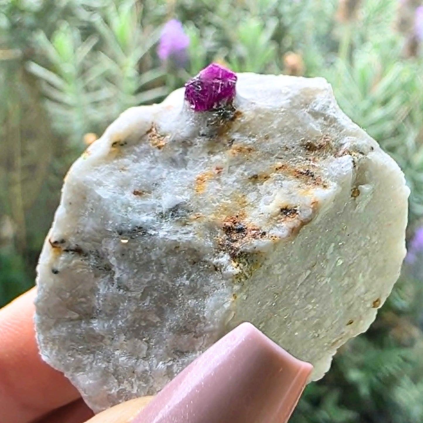 Fluorescent Raw Ruby in White Marble with Pyrite - Hunza Valley, Pakistan