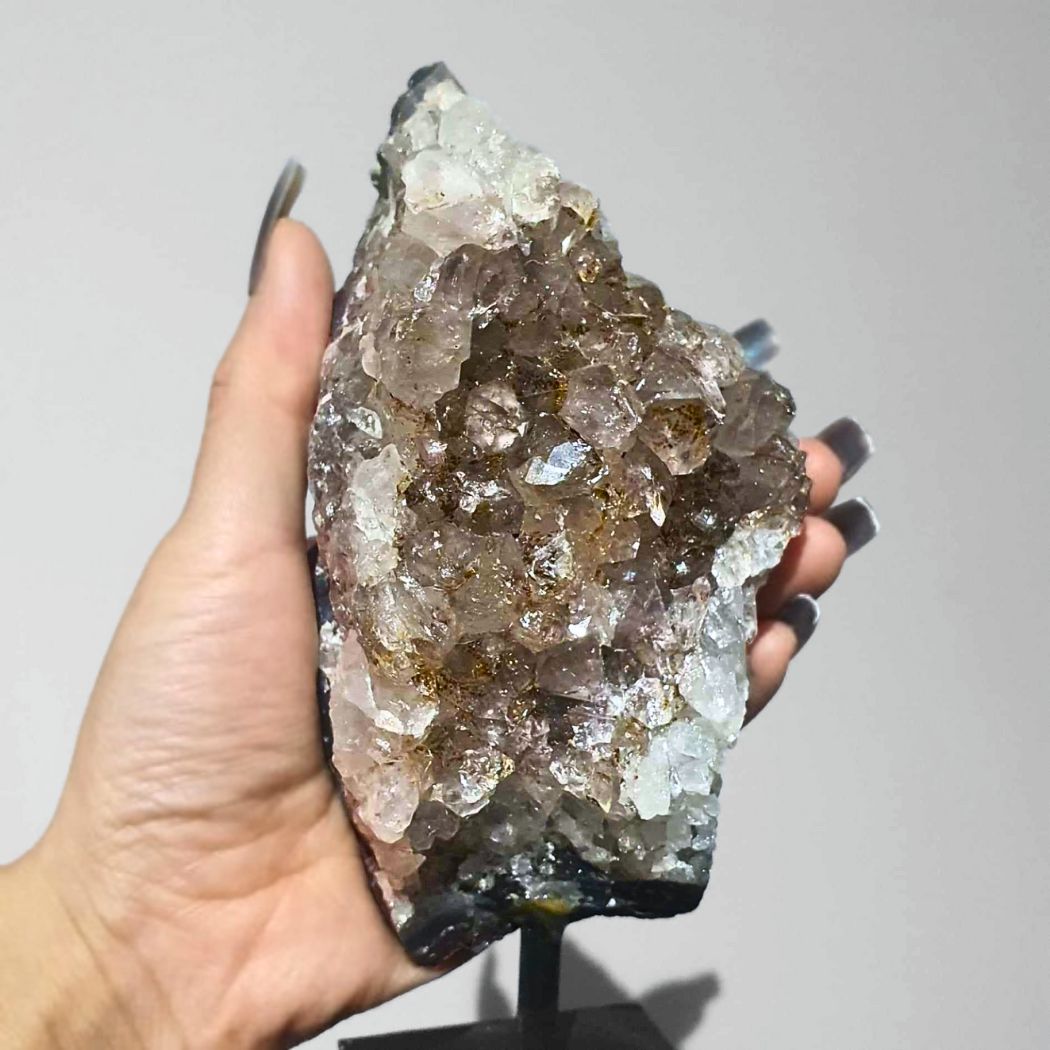 Smoky Quartz with Cacoxenite Cluster on Metal Stand - 690g