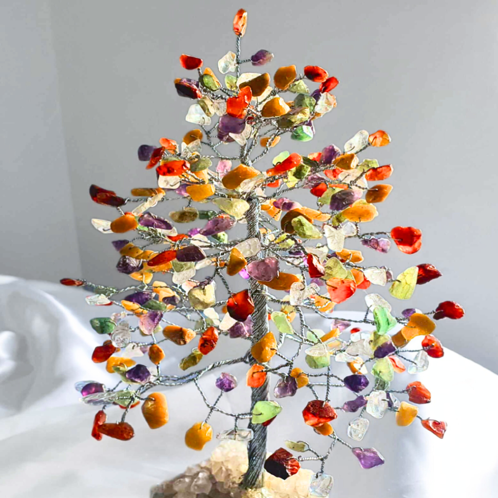 Large Chakra Crystal Wire Wrapped Tree on a Quartz Base - 28cm