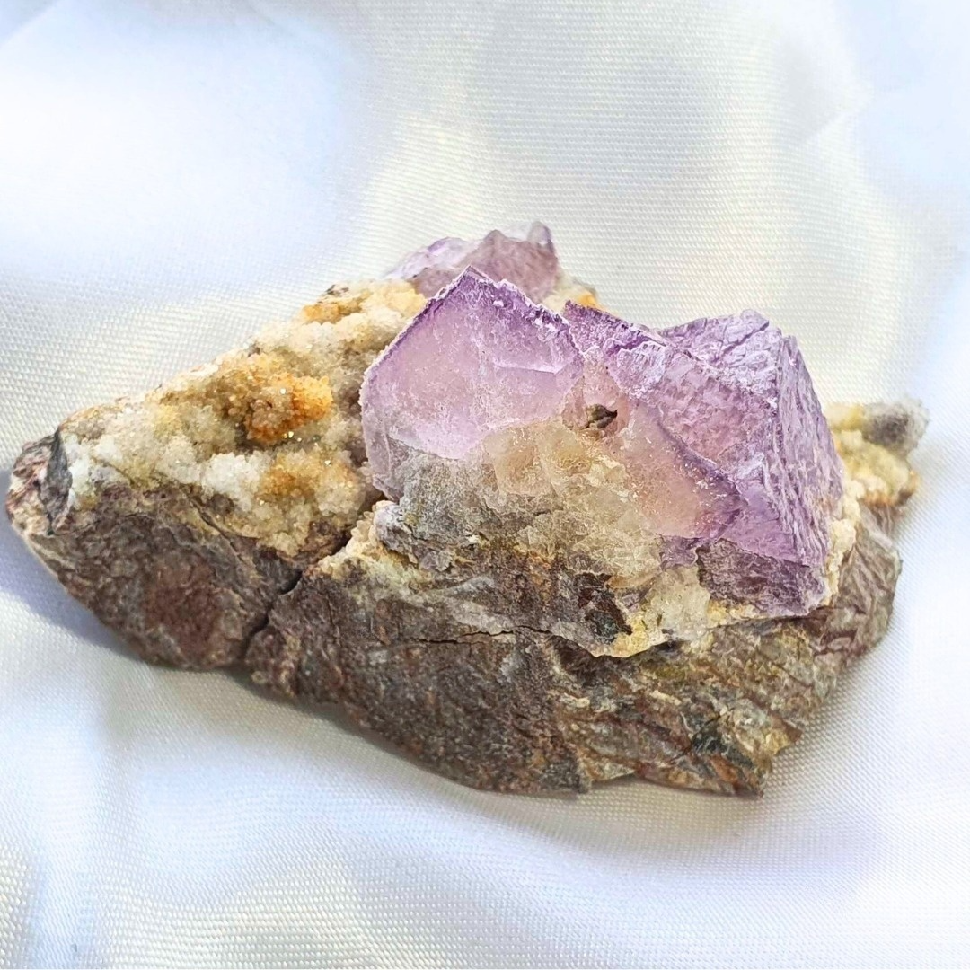 Rare Stepped Purple Fluorite on Druzy Quartz Specimen