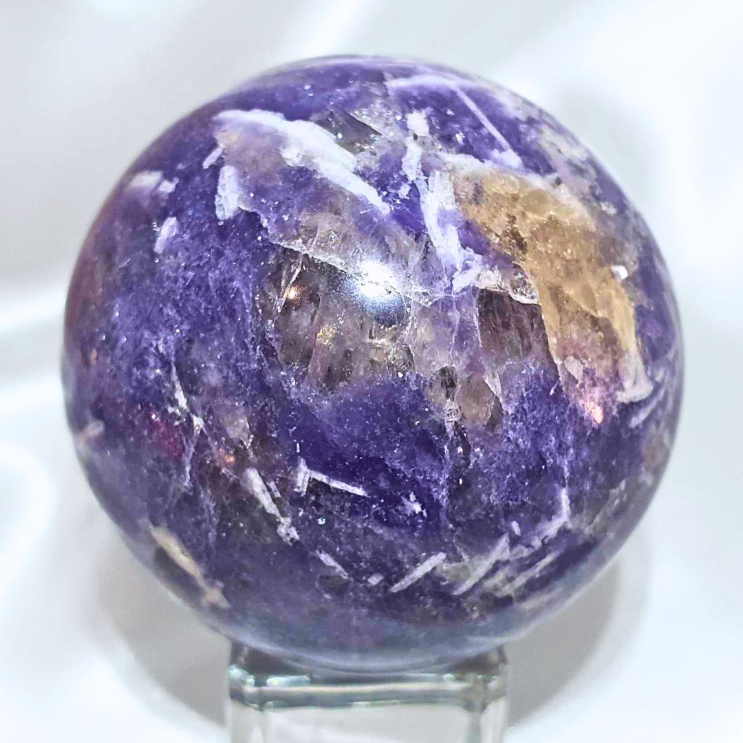 Unicorn Stone (Pegmatite) with Pink Tourm, Smoky, Clevelandite & Lepidolite Sphere - includes stand