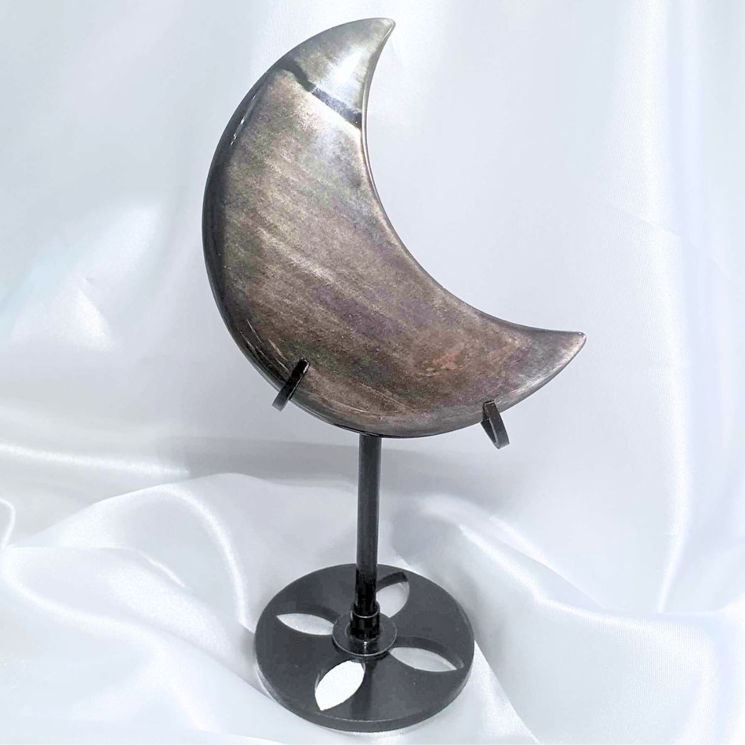 High Grade Silver Obsidian Moon on Metal Stand