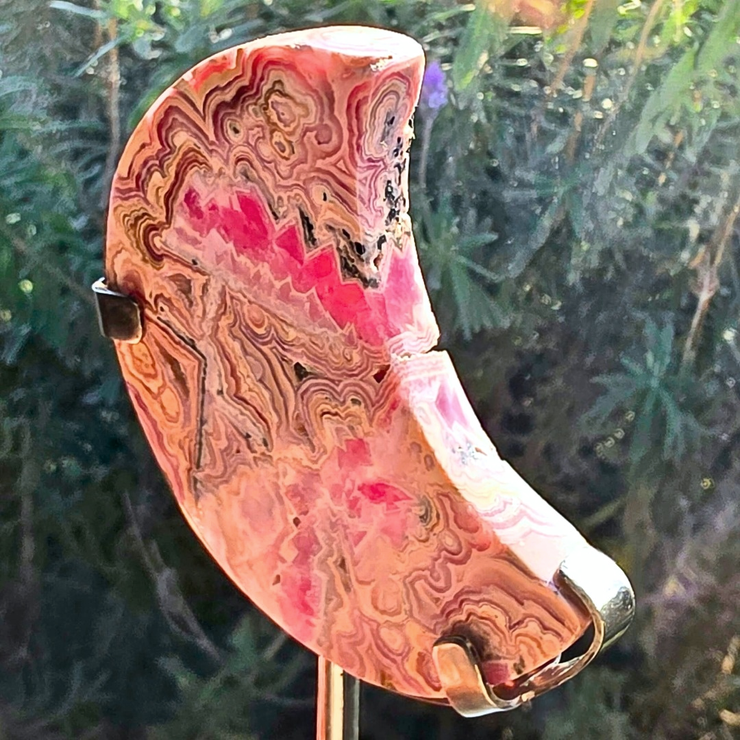 Gemmy Rare Rhodochrosite Moon on Custom Metal Stand - 12.5cm