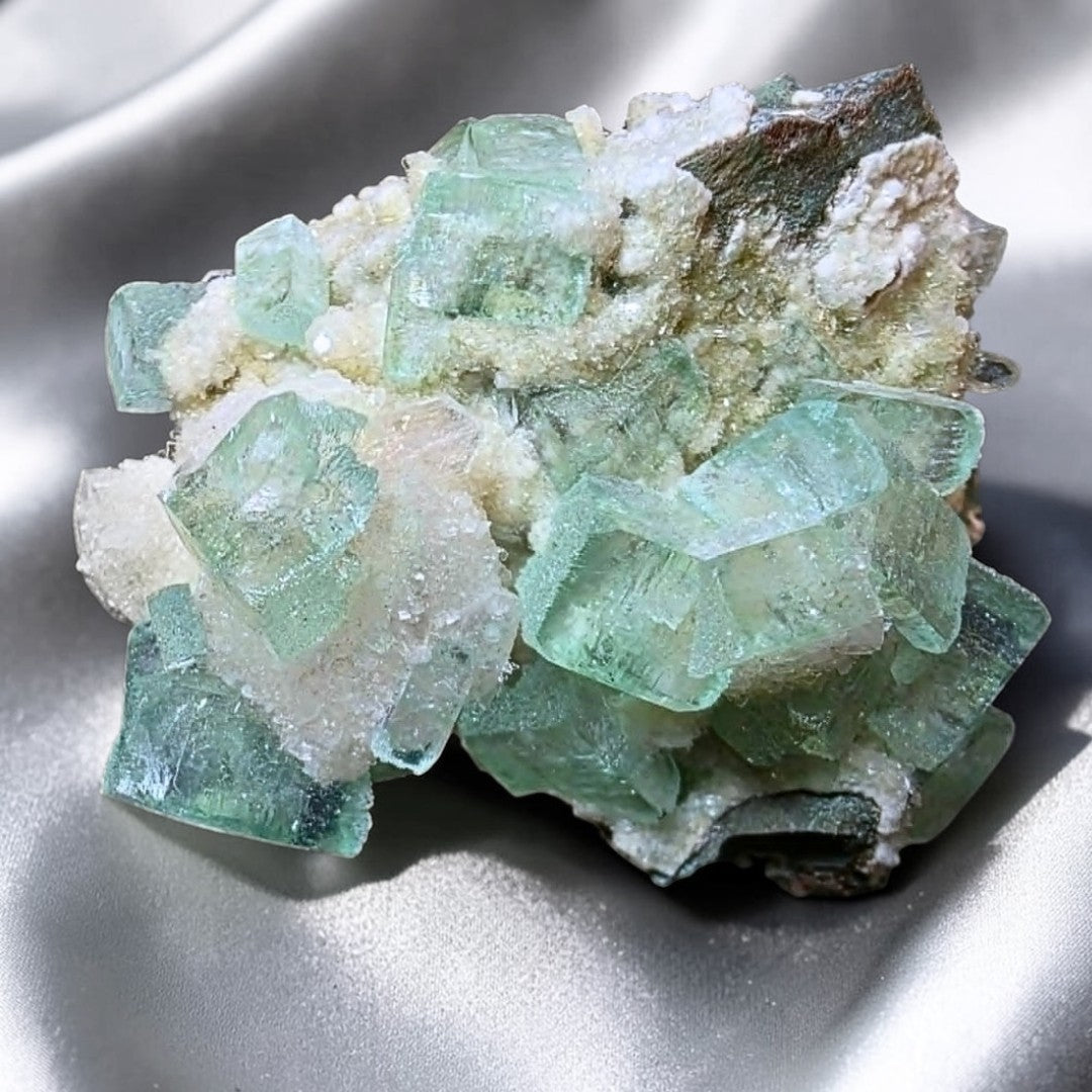 High Grade Glassy Green Apophyllite on Druzy Stilbite Cluster - 100g