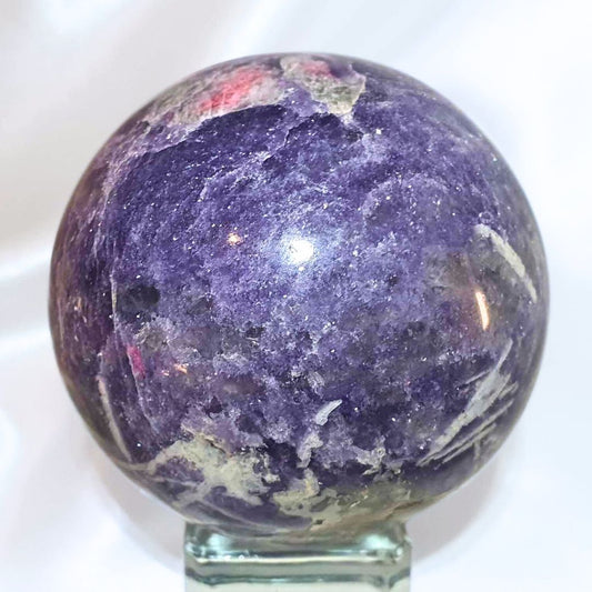 Unicorn Stone (Pegmatite) with Pink Tourm, Smoky, Clevelandite & Lepidolite Sphere - includes stand