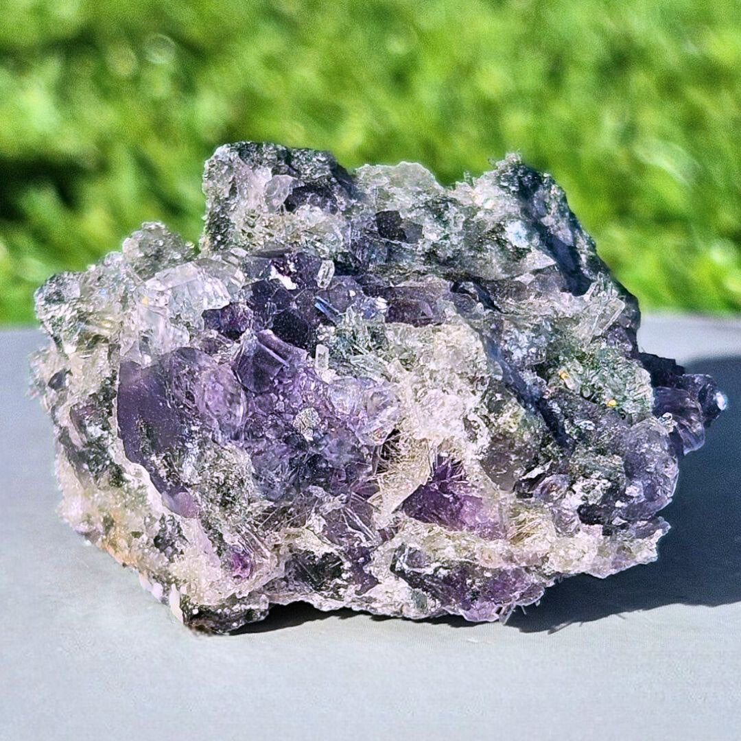 Purple-Blue Fluorite on Druzy Needle Quartz