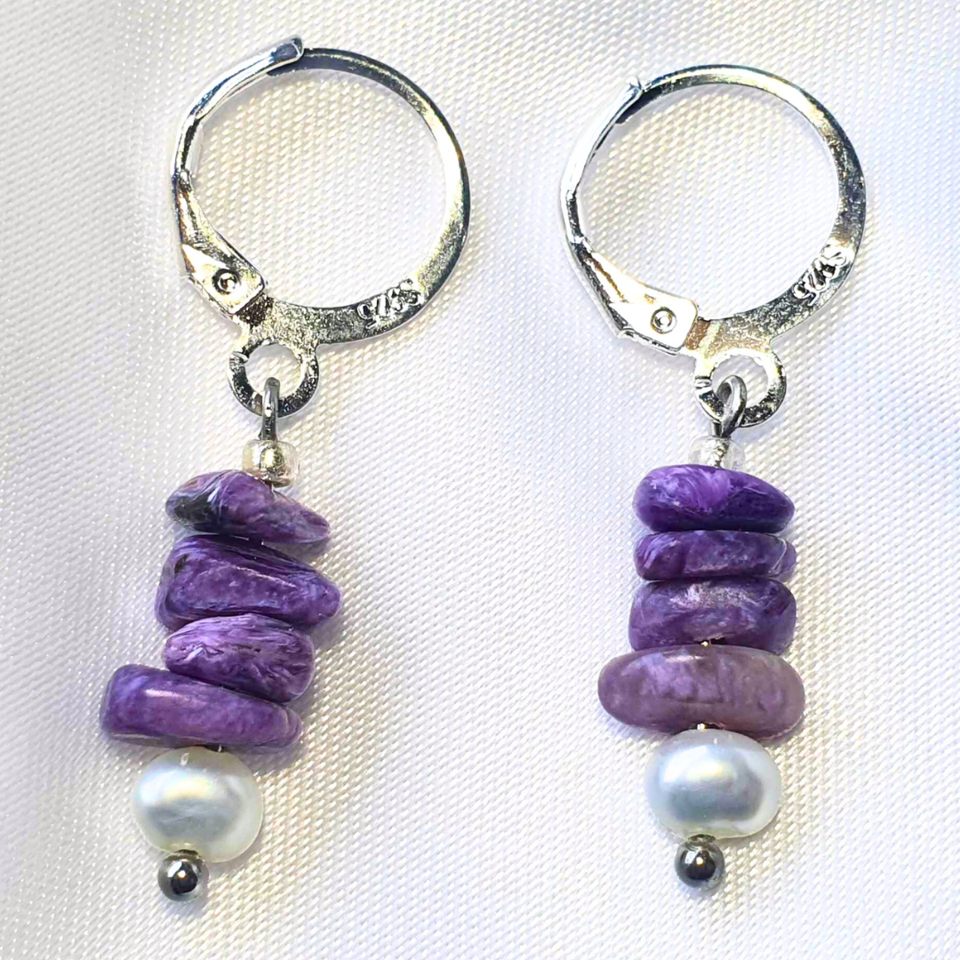 Sterling Silver Charoite & Freshwater Pearl Earrings