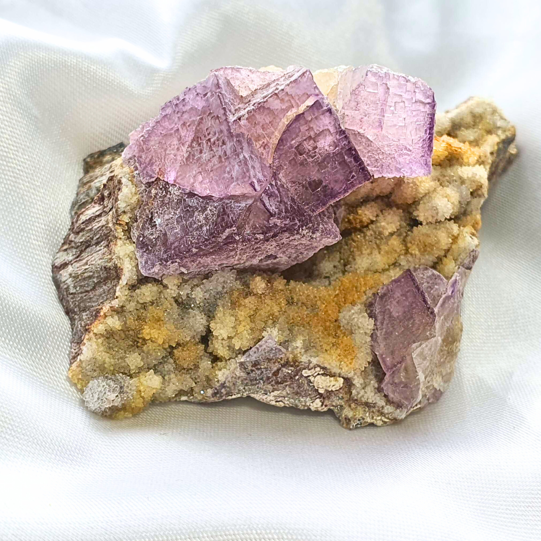 Rare Stepped Purple Fluorite on Druzy Quartz Specimen