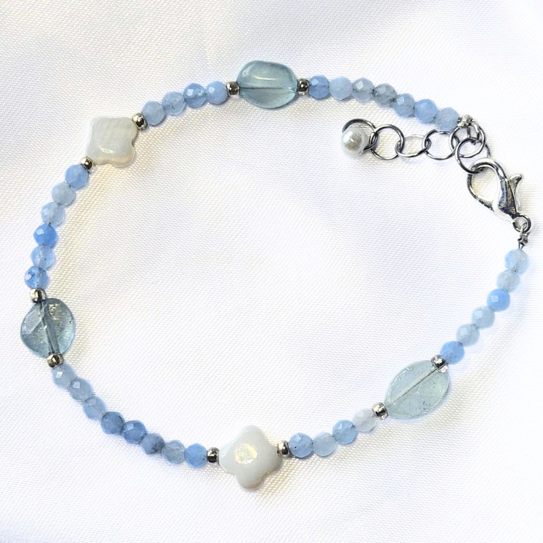 Natural Faceted Aquamarine Crystal & Shell Bracelet