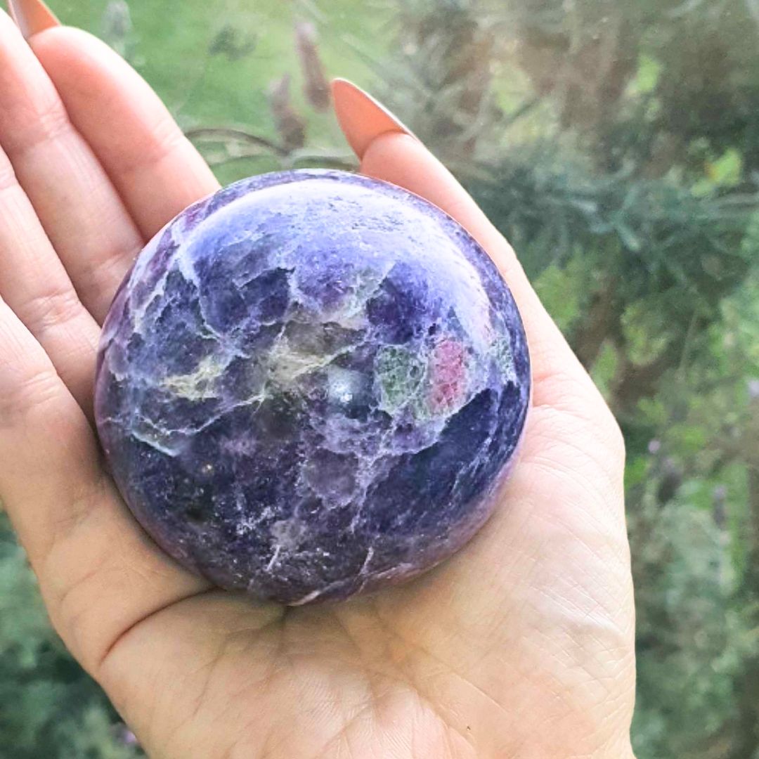 Unicorn Stone (Pegmatite) with Pink Tourm, Smoky, Clevelandite & Lepidolite Sphere - includes stand